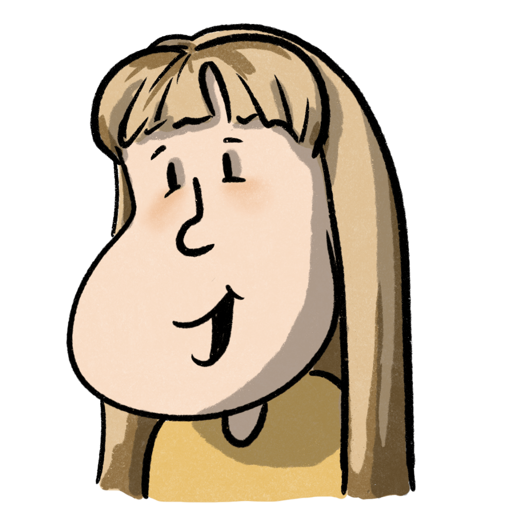 A cartoon graphic of a female head with blonde hair representing the therapist